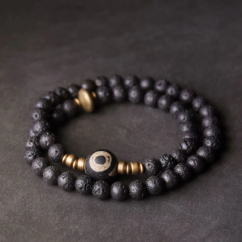 Buddha Stones Vintage Lava Rock Perline Dzi a tre occhi Perline in ottone e rame Braccialetto curativo a doppio giro