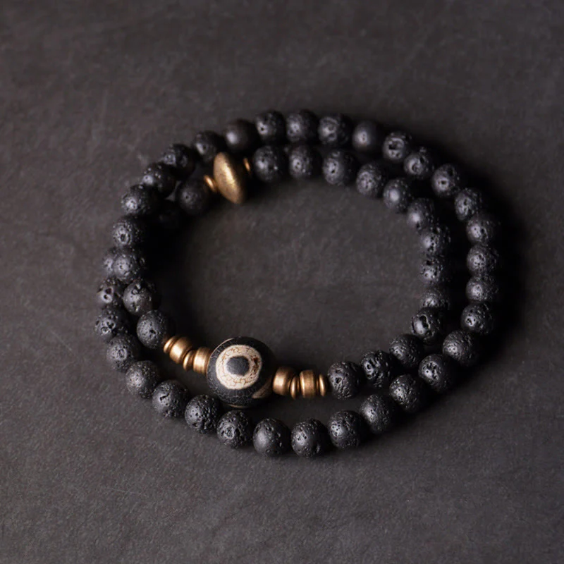 Buddha Stones Vintage Lava Rock Perline Dzi a tre occhi Perline in ottone e rame Braccialetto curativo a doppio giro - Image 3