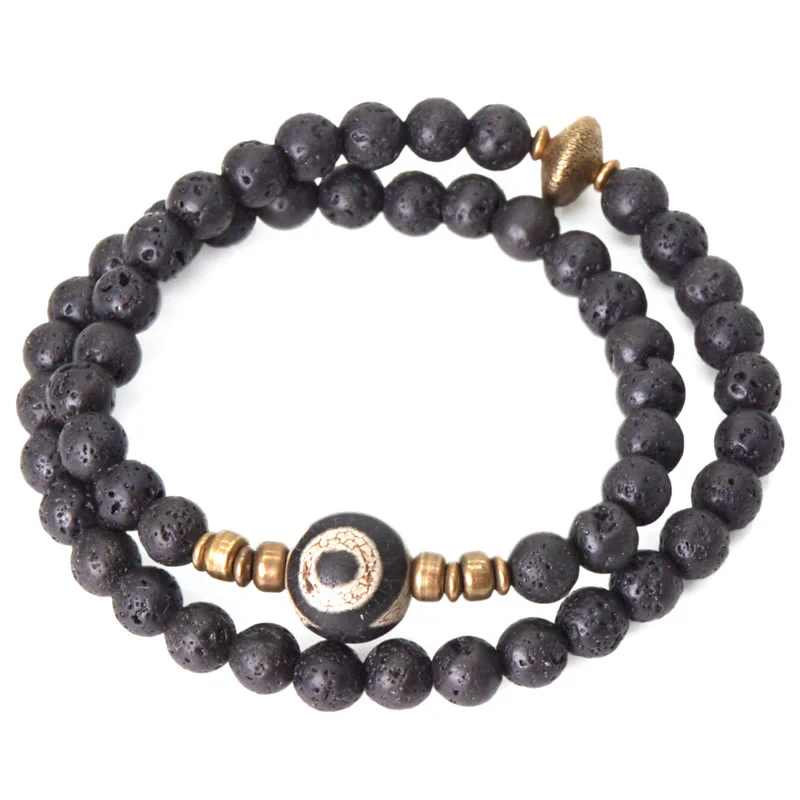 Buddha Stones Vintage Lava Rock Perline Dzi a tre occhi Perline in ottone e rame Braccialetto curativo a doppio giro - Image 8