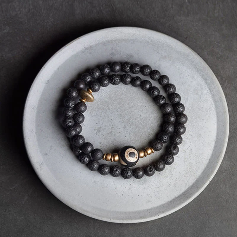 Buddha Stones Vintage Lava Rock Perline Dzi a tre occhi Perline in ottone e rame Braccialetto curativo a doppio giro - Image 9