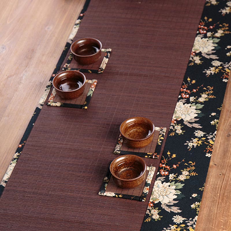 Buddha Stones Vintage Peony Flower Blossom Bamboo Cup Mat Pad Tea Cup Coaster Kung Fu Tea Mat - Image 11