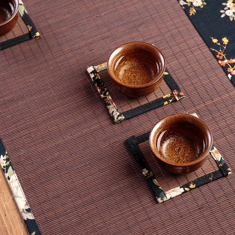 Buddha Stones Vintage Peony Flower Blossom Bamboo Cup Mat Pad Tea Cup Coaster Kung Fu Tea Mat - Image 13
