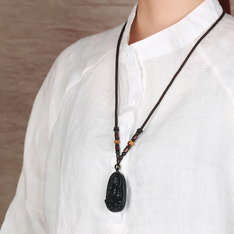 Buddha Stones Zodiaco cinese Buddha natale Ossidiana nera naturale Collana pendente di purificazione - Image 12