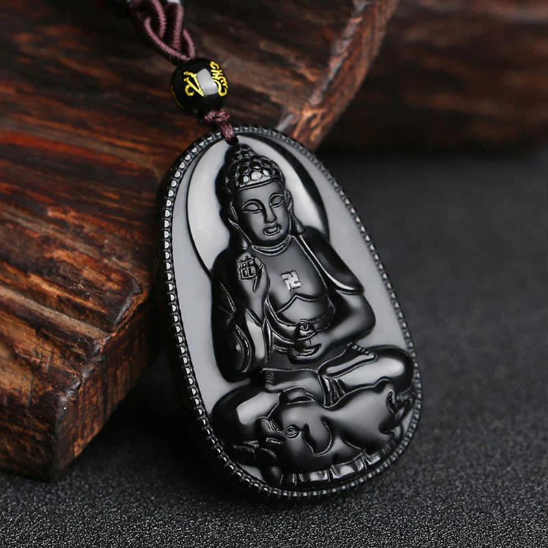 Buddha Stones Zodiaco cinese Buddha natale Ossidiana nera naturale Collana pendente di purificazione - Image 2