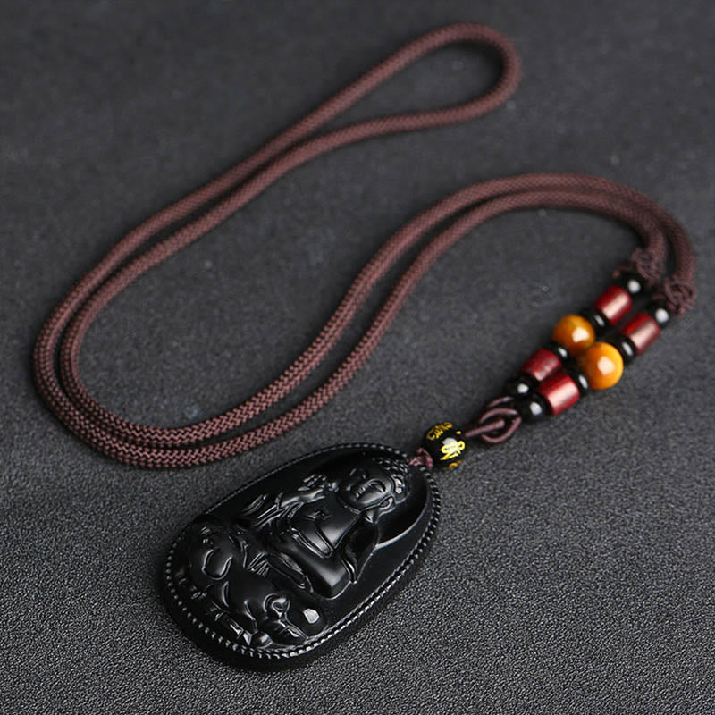 Buddha Stones Zodiaco cinese Buddha natale Ossidiana nera naturale Collana pendente di purificazione - Image 4