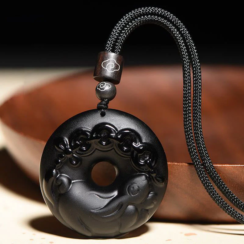 Buddha Stones Zodiaco Cinese Ossidiana Nera Naturale Fibbia della Pace Forza Collana Pendente