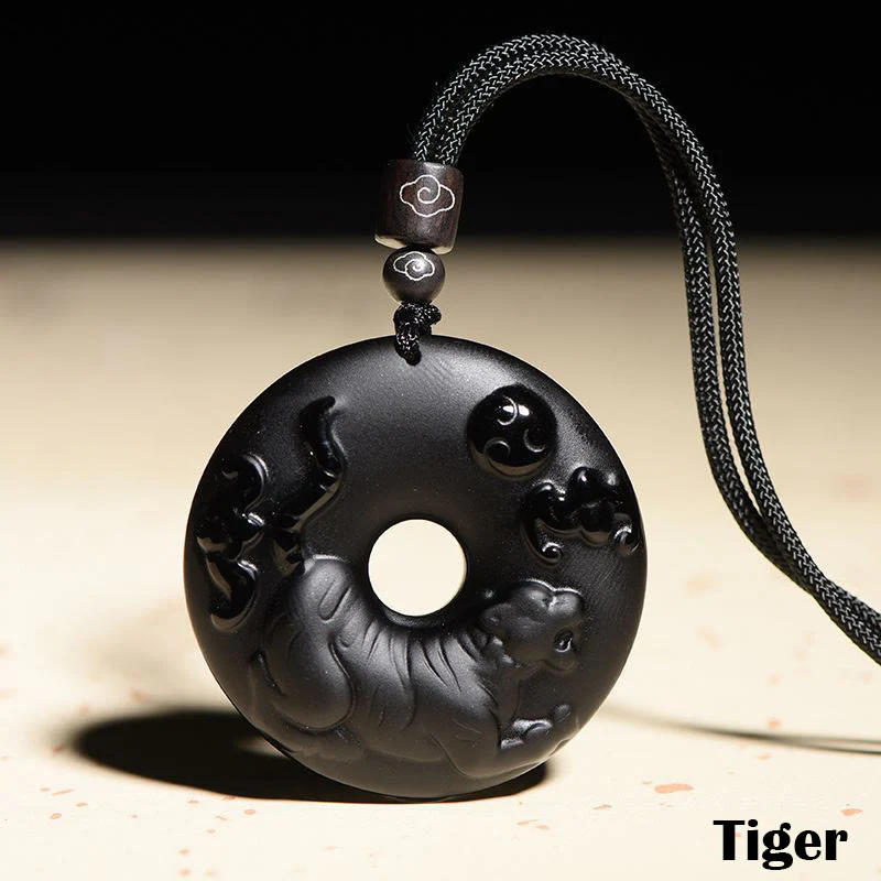 Buddha Stones Zodiaco Cinese Ossidiana Nera Naturale Fibbia della Pace Forza Collana Pendente - Image 15