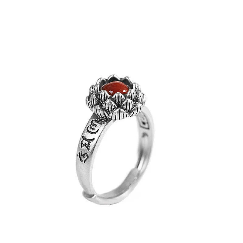 Buddha Stones925 Sterling Silver Lotus Red Agate Anello di Benedizione della Fiducia - Image 12
