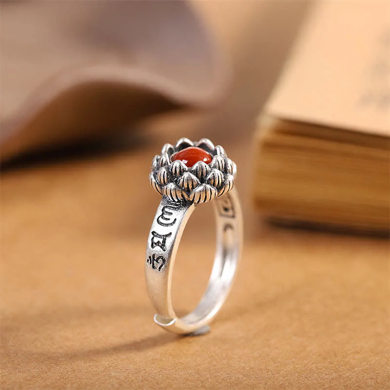Buddha Stones925 Sterling Silver Lotus Red Agate Anello di Benedizione della Fiducia - Image 8