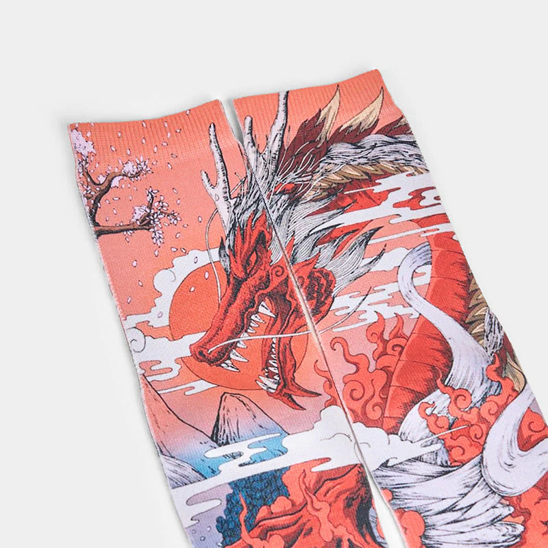 Calzini casual da uomo e da donna, unisex, con motivo Buddha Stones, drago rosso, vulcano, sole, albero e montagne - Image 3