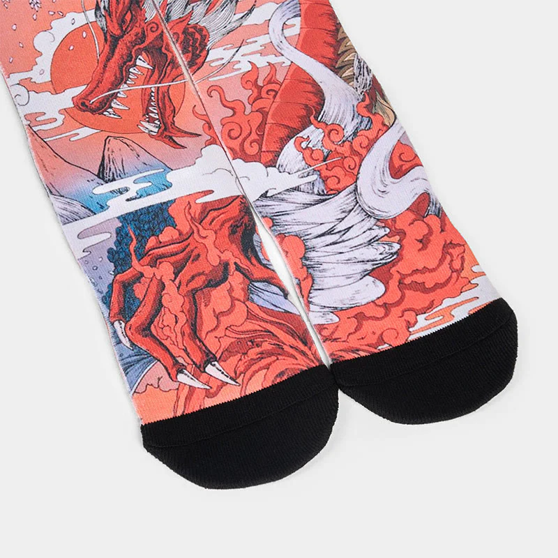 Calzini casual da uomo e da donna, unisex, con motivo Buddha Stones, drago rosso, vulcano, sole, albero e montagne - Image 4