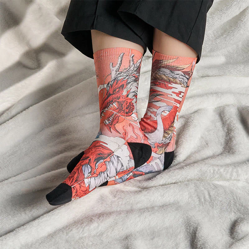 Calzini casual da uomo e da donna, unisex, con motivo Buddha Stones, drago rosso, vulcano, sole, albero e montagne - Image 5