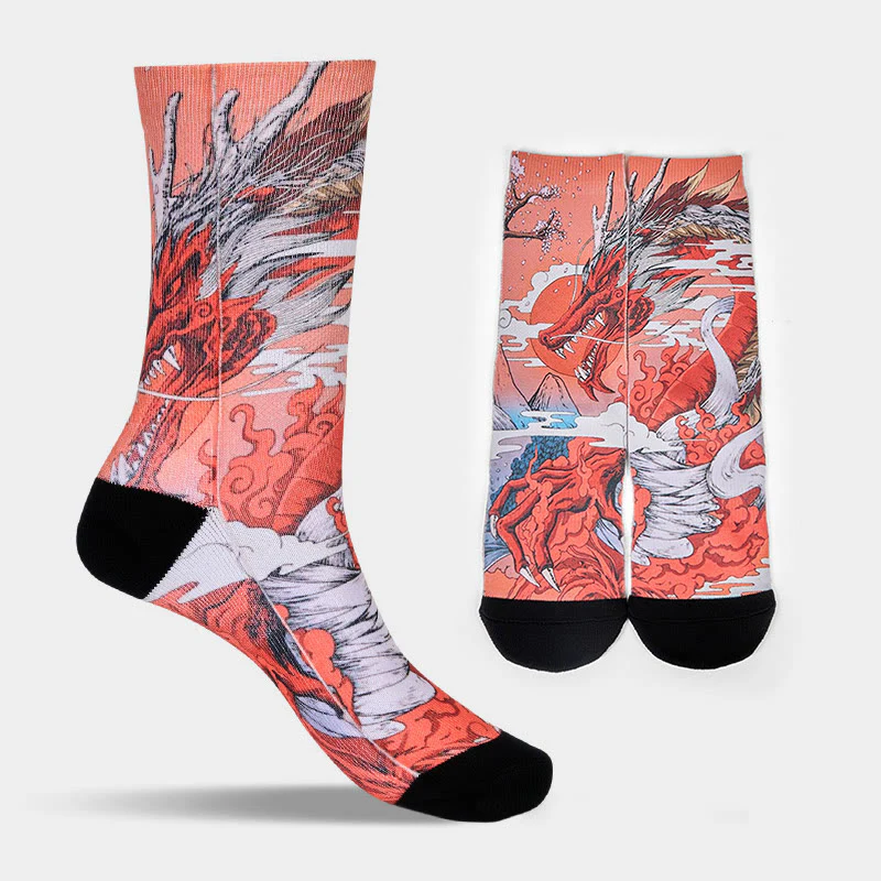 Calzini casual da uomo e da donna, unisex, con motivo Buddha Stones, drago rosso, vulcano, sole, albero e montagne - Image 9
