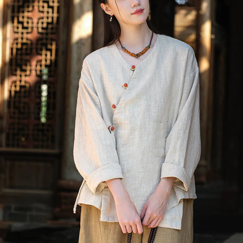 Camicetta ampia in lino ramiè tinta unita Buddha Stones, a maniche lunghe, cinese Hanfu Top - Image 5