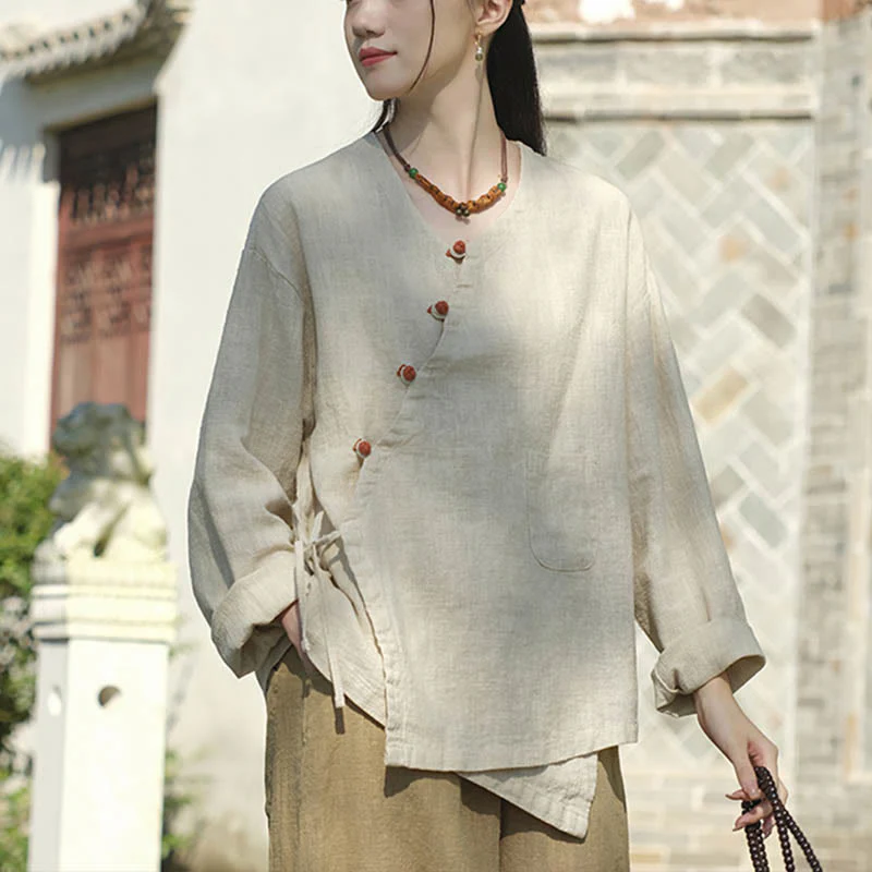 Camicetta ampia in lino ramiè tinta unita Buddha Stones, a maniche lunghe, cinese Hanfu Top - Image 6