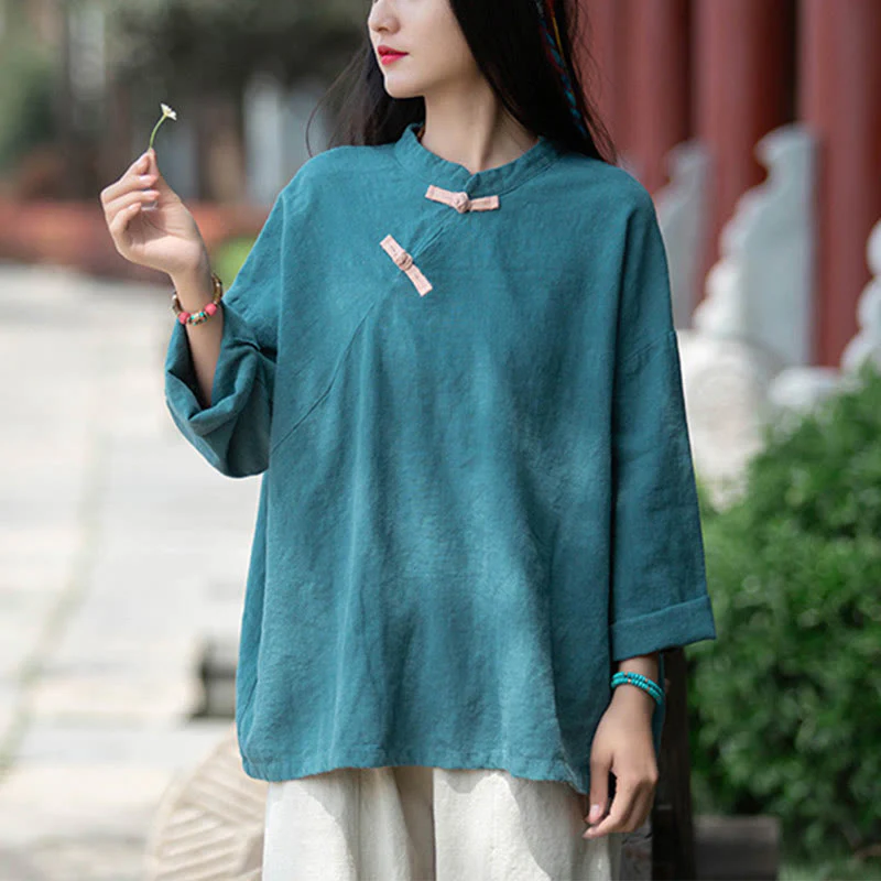 Camicetta larga in lino ramiè Buddha Stones da donna, a maniche lunghe, cinese Hanfu Top - Image 21