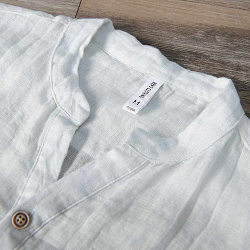 Camicia a maniche corte con bottoni a tinta unita Buddha Stones in cotone e lino per uomo - Image 14