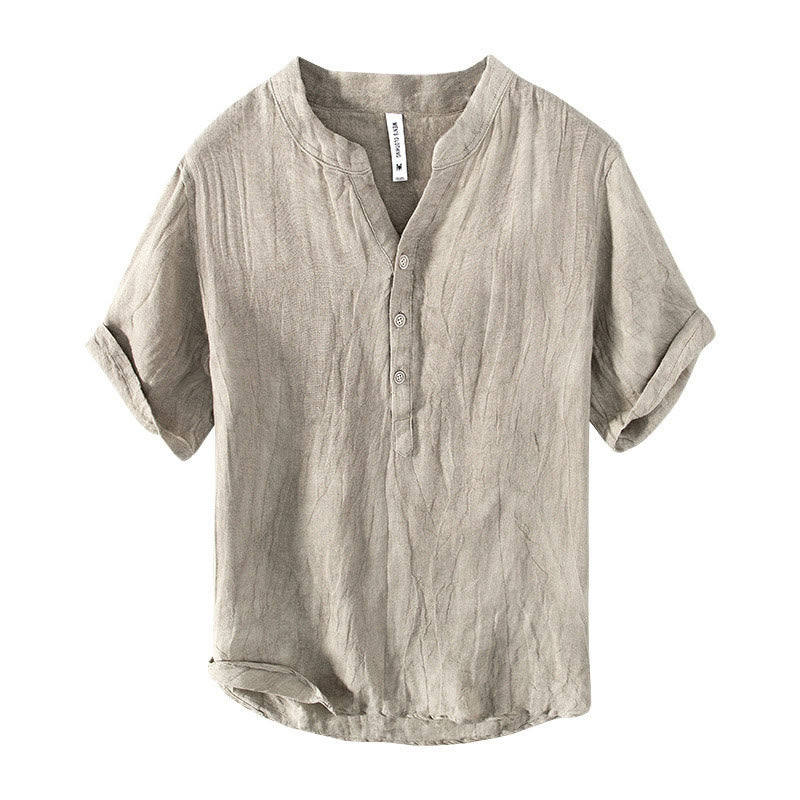 Camicia a maniche corte con bottoni a tinta unita Buddha Stones in cotone e lino per uomo - Image 20