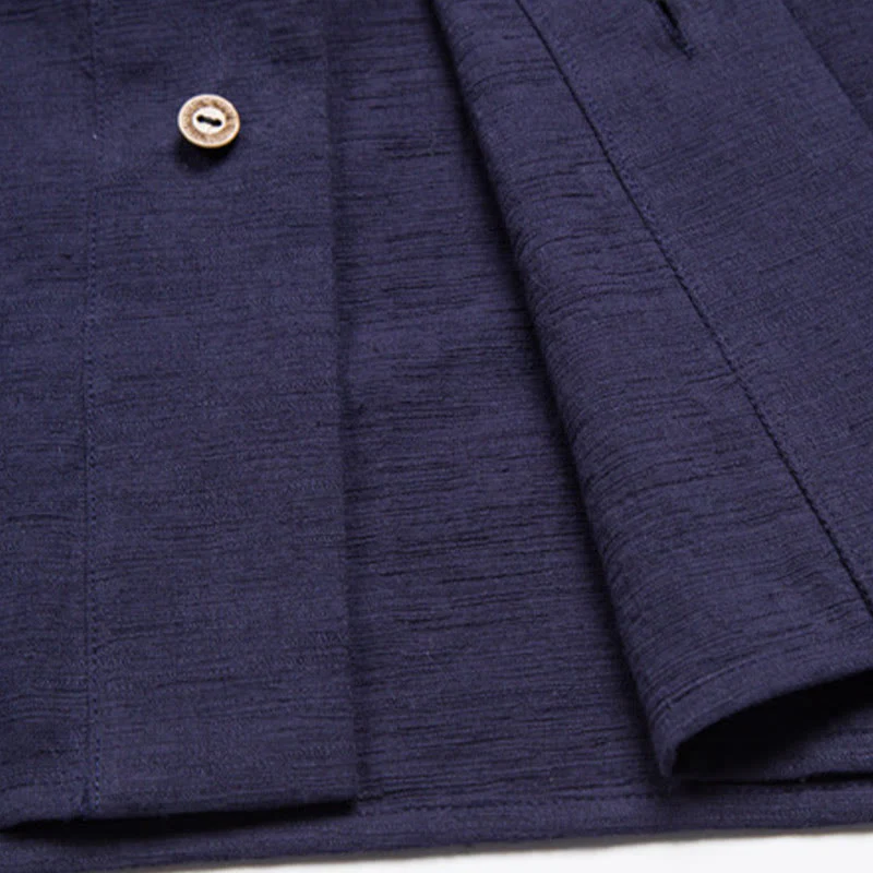 Camicia da uomo a maniche corte con taschino e scollo a V, in cotone e lino, Buddha Stones. - Image 13