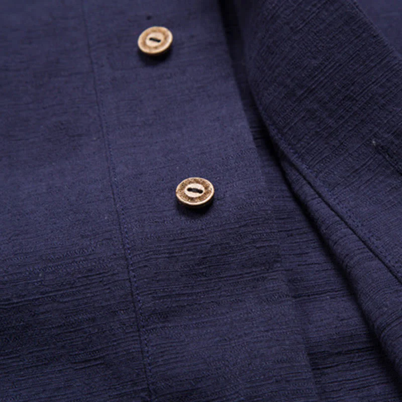 Camicia da uomo a maniche corte con taschino e scollo a V, in cotone e lino, Buddha Stones. - Image 14