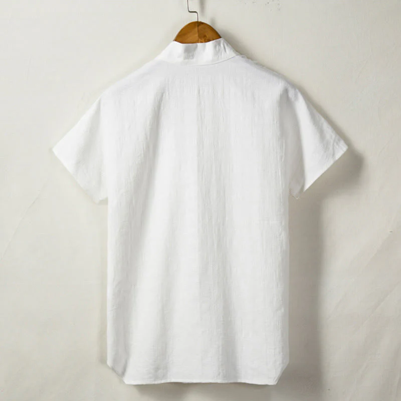 Camicia da uomo a maniche corte con taschino e scollo a V, in cotone e lino, Buddha Stones. - Image 4