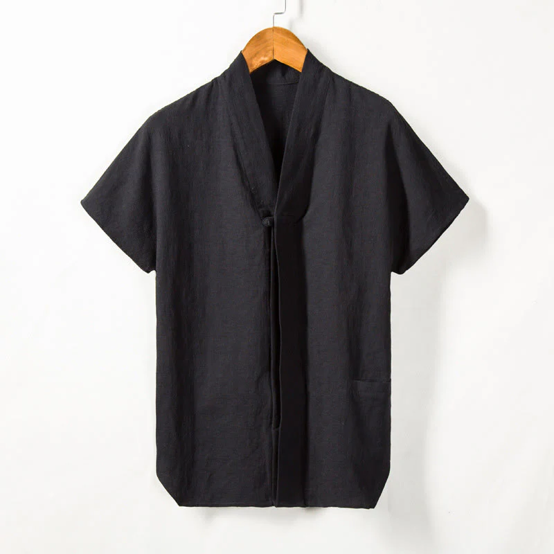 Camicia da uomo a maniche corte con taschino e scollo a V, in cotone e lino, Buddha Stones. - Image 5