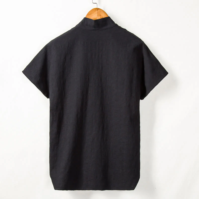 Camicia da uomo a maniche corte con taschino e scollo a V, in cotone e lino, Buddha Stones. - Image 6
