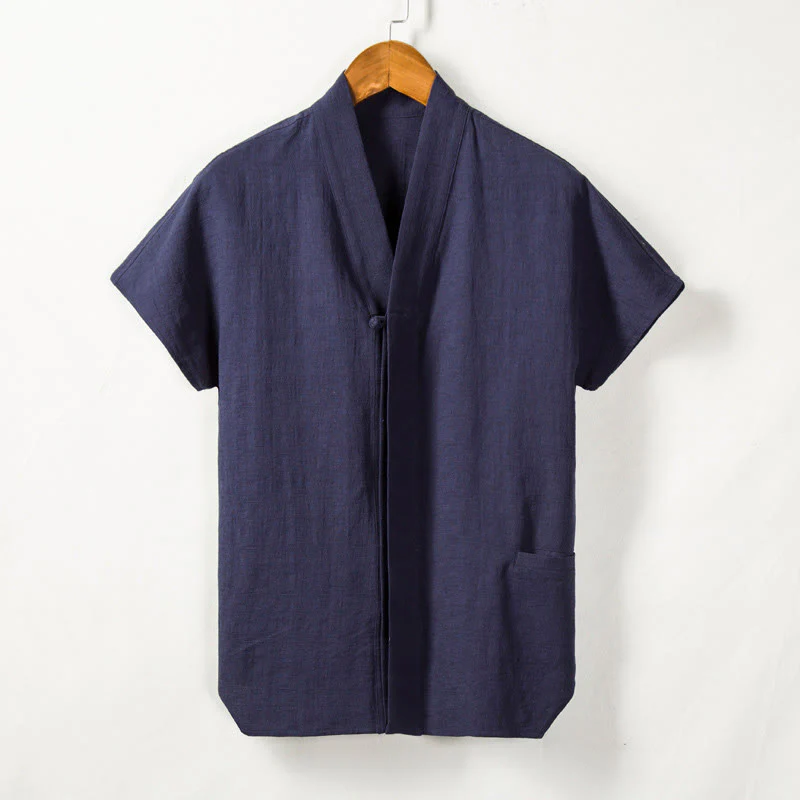Camicia da uomo a maniche corte con taschino e scollo a V, in cotone e lino, Buddha Stones. - Image 7