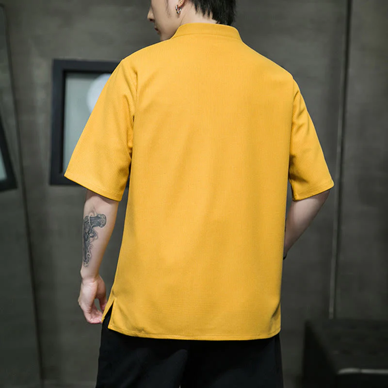 Camicia a maniche corte da uomo con ricamo a forma di libellula, foglia, bottone e rana Buddha Stones - Image 9