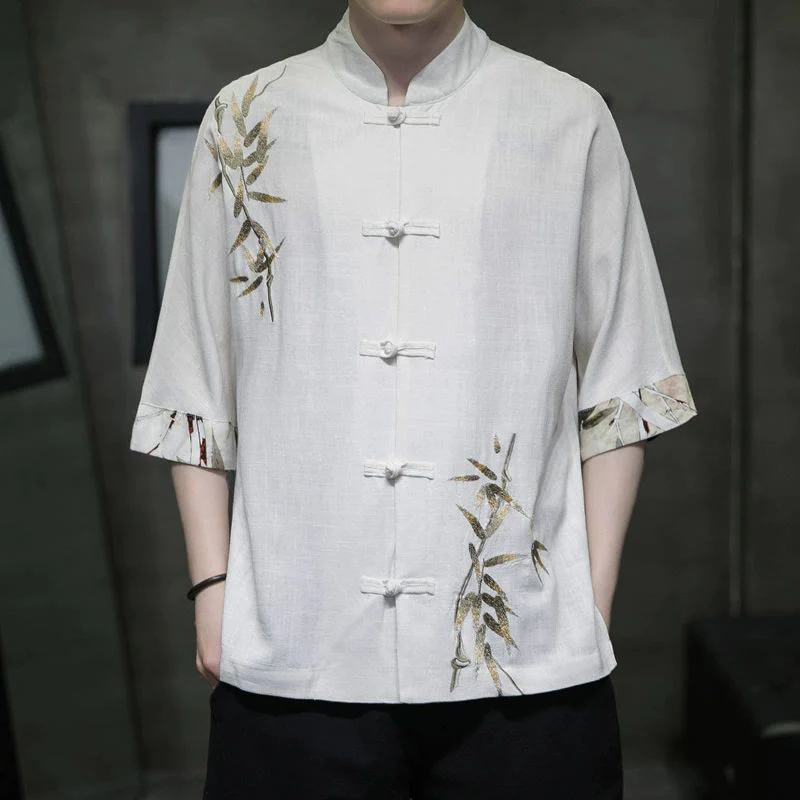Camicia a maniche corte in lino di bambù con bottoni a rana da uomo Buddha Stones