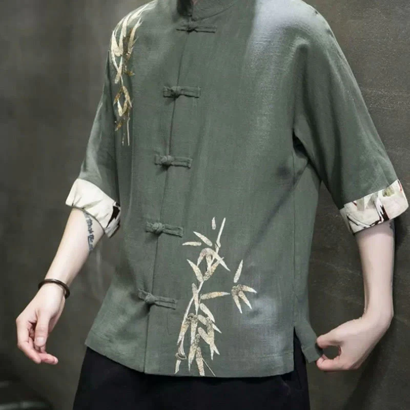 Camicia a maniche corte in lino di bambù con bottoni a rana da uomo Buddha Stones - Image 8