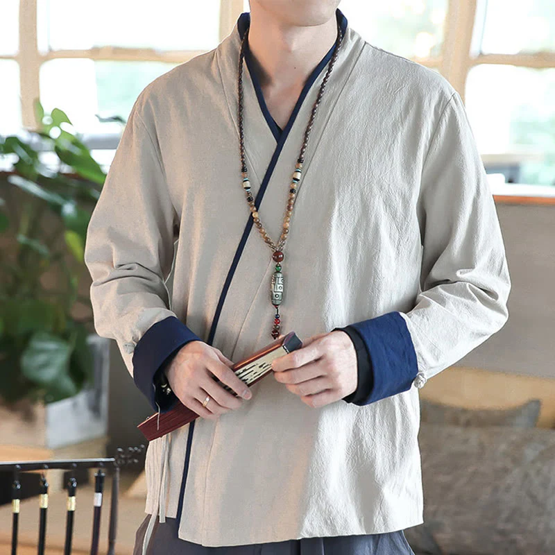 Camicia a maniche lunghe color block autunnale Buddha Stones in lino con lacci Abbigliamento uomo - Image 11