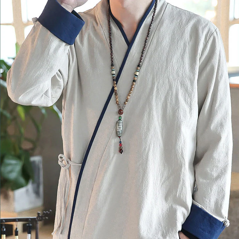 Camicia a maniche lunghe color block autunnale Buddha Stones in lino con lacci Abbigliamento uomo - Image 12