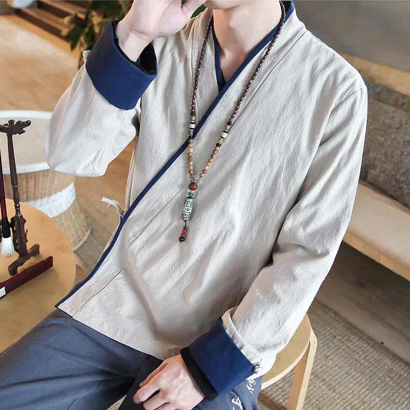 Camicia a maniche lunghe color block autunnale Buddha Stones in lino con lacci Abbigliamento uomo - Image 14