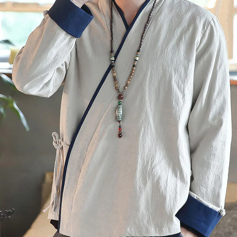 Camicia a maniche lunghe color block autunnale Buddha Stones in lino con lacci Abbigliamento uomo - Image 16