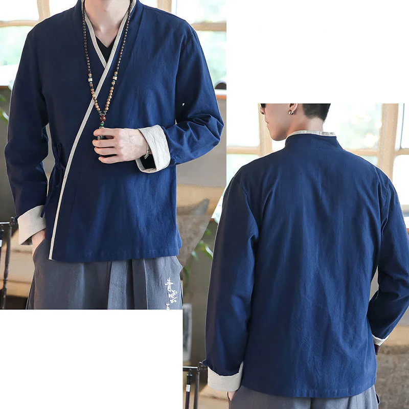 Camicia a maniche lunghe color block autunnale Buddha Stones in lino con lacci Abbigliamento uomo - Image 7
