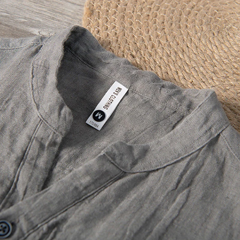 Camicia a maniche lunghe con bottoni a tinta unita in cotone e lino, abbigliamento da uomo Buddha Stones - Image 4