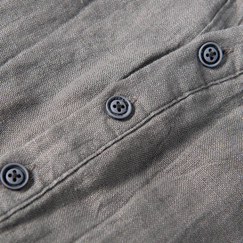 Camicia a maniche lunghe con bottoni a tinta unita in cotone e lino, abbigliamento da uomo Buddha Stones - Image 6