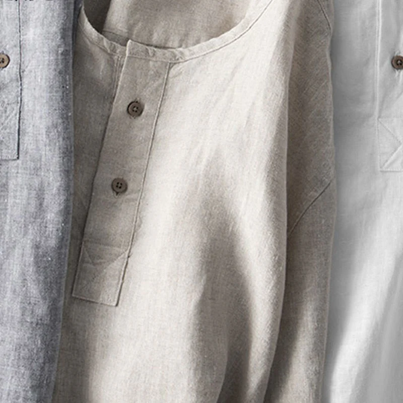 Camicia a maniche lunghe con bottoni in tinta unita Buddha Stones Lino Abbigliamento uomo - Image 15