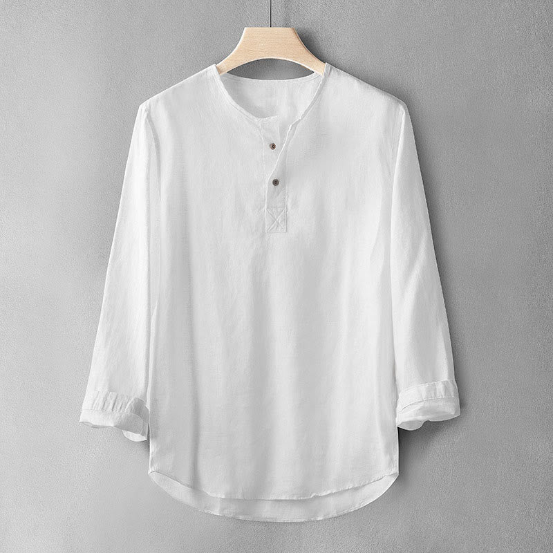 Camicia a maniche lunghe con bottoni in tinta unita Buddha Stones Lino Abbigliamento uomo - Image 2