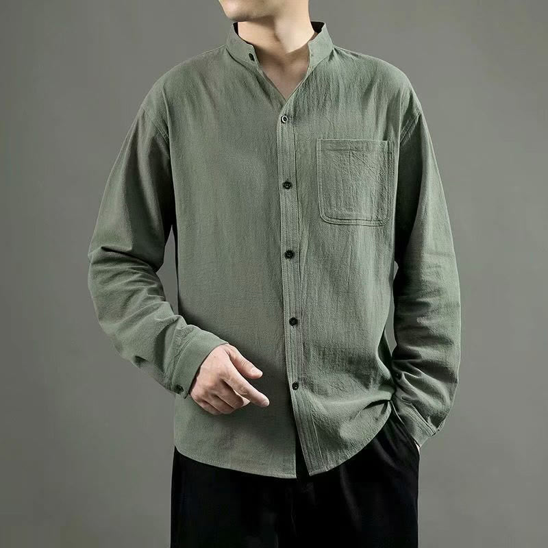 Camicia a maniche lunghe da uomo Buddha Stones con tasca, colletto alla coreana, comoda camicia in lino