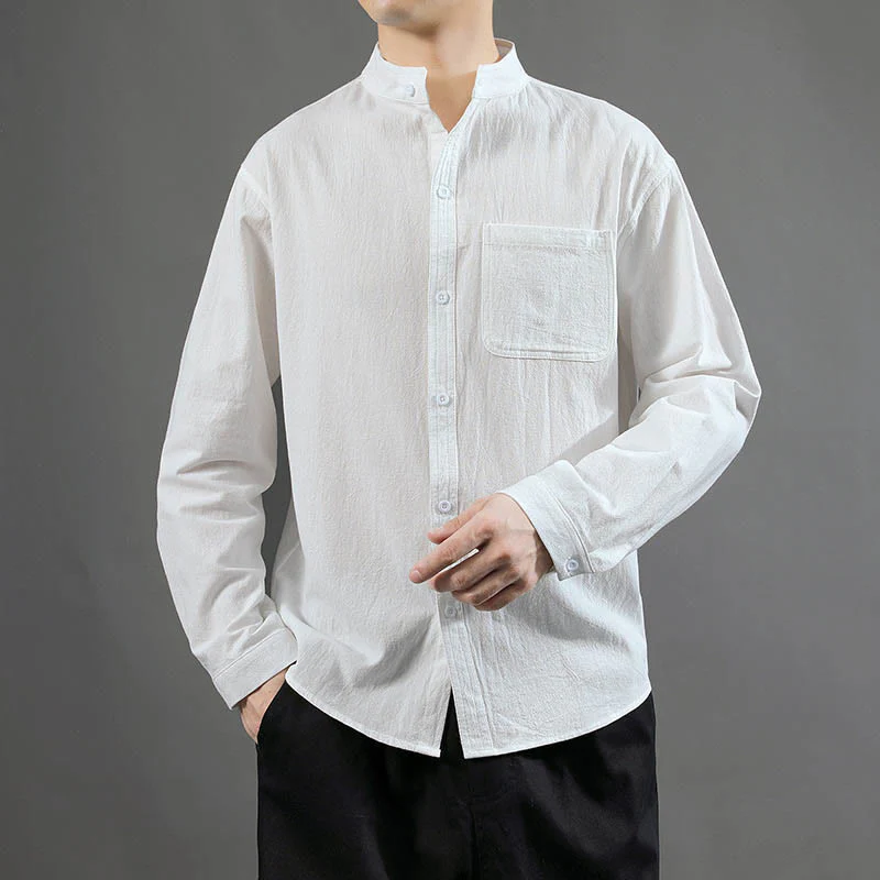 Camicia a maniche lunghe da uomo Buddha Stones con tasca, colletto alla coreana, comoda camicia in lino - Image 10