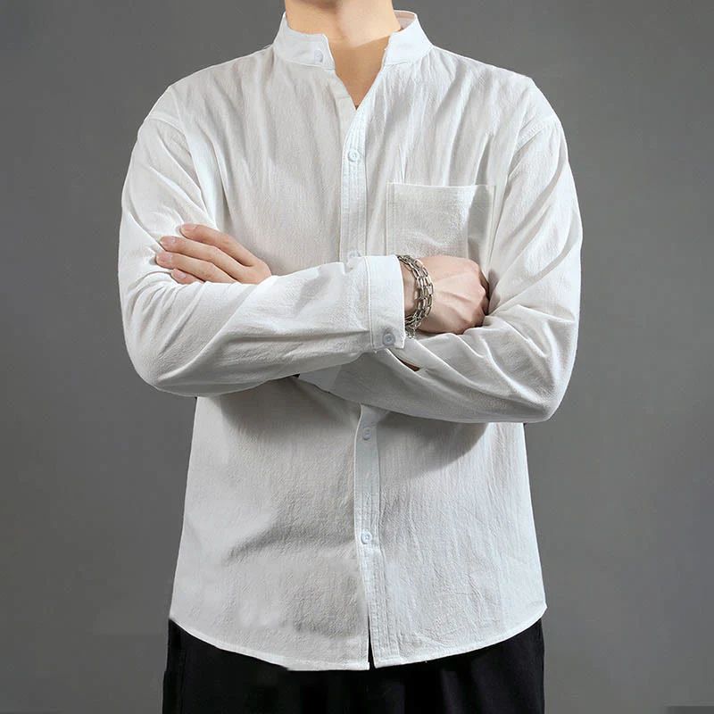 Camicia a maniche lunghe da uomo Buddha Stones con tasca, colletto alla coreana, comoda camicia in lino - Image 13