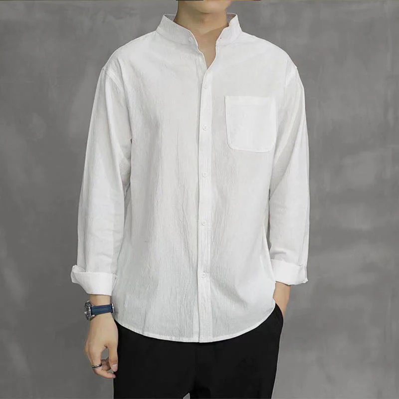 Camicia a maniche lunghe da uomo Buddha Stones con tasca, colletto alla coreana, comoda camicia in lino - Image 14