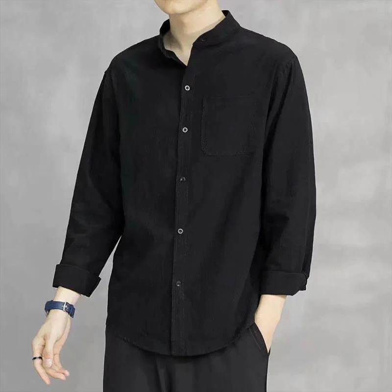 Camicia a maniche lunghe da uomo Buddha Stones con tasca, colletto alla coreana, comoda camicia in lino - Image 16