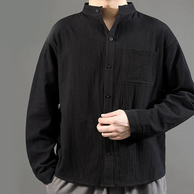 Camicia a maniche lunghe da uomo Buddha Stones con tasca, colletto alla coreana, comoda camicia in lino - Image 19