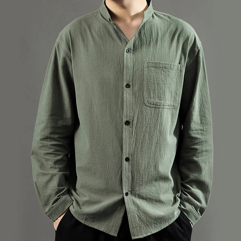 Camicia a maniche lunghe da uomo Buddha Stones con tasca, colletto alla coreana, comoda camicia in lino - Image 2
