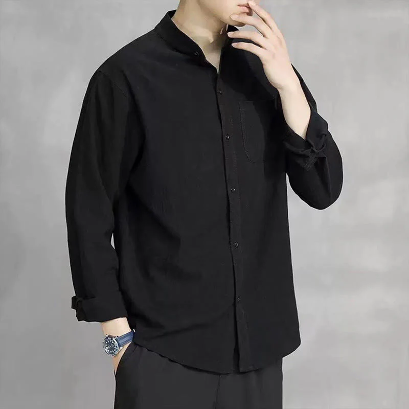 Camicia a maniche lunghe da uomo Buddha Stones con tasca, colletto alla coreana, comoda camicia in lino - Image 21