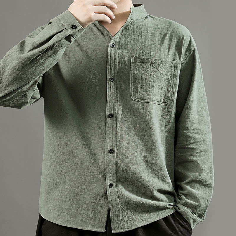 Camicia a maniche lunghe da uomo Buddha Stones con tasca, colletto alla coreana, comoda camicia in lino - Image 3
