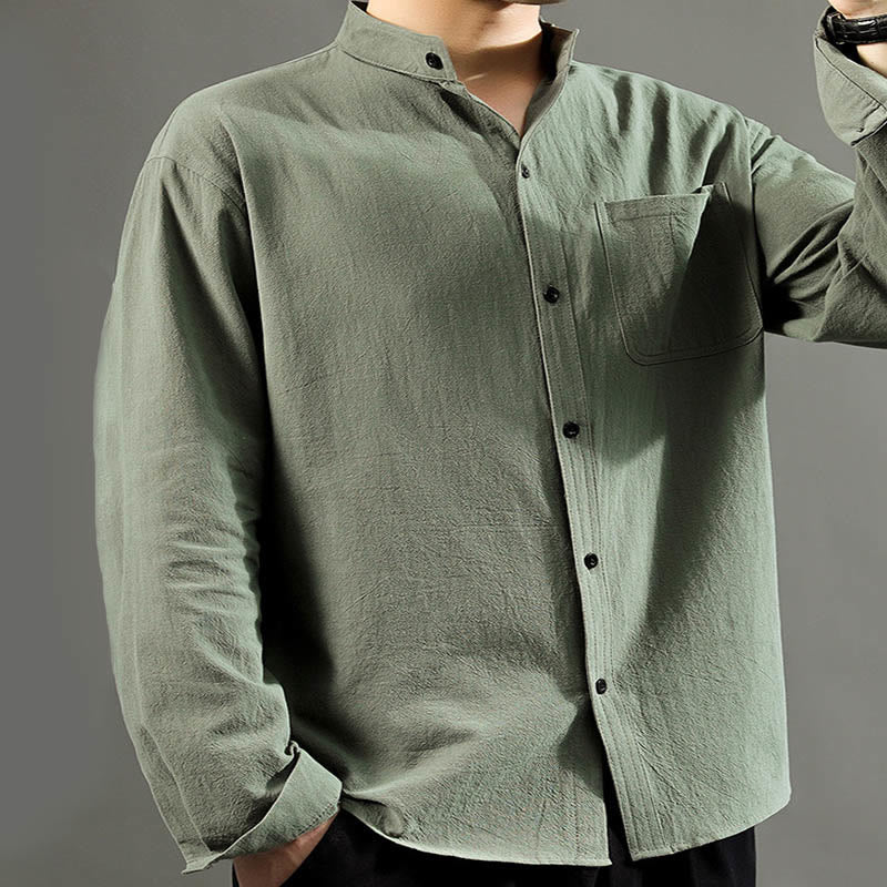 Camicia a maniche lunghe da uomo Buddha Stones con tasca, colletto alla coreana, comoda camicia in lino - Image 5